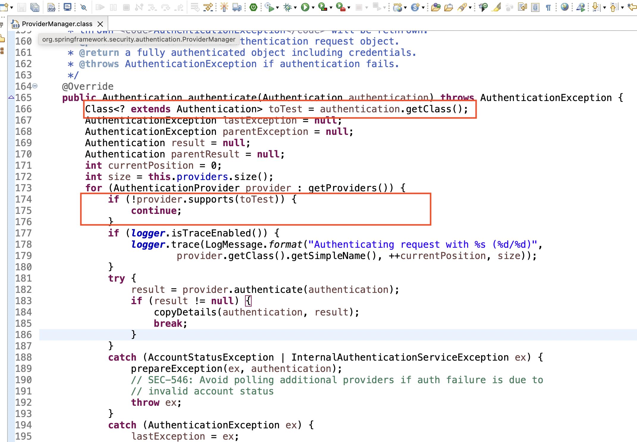 ProviderManager scans registered authentication mechanism