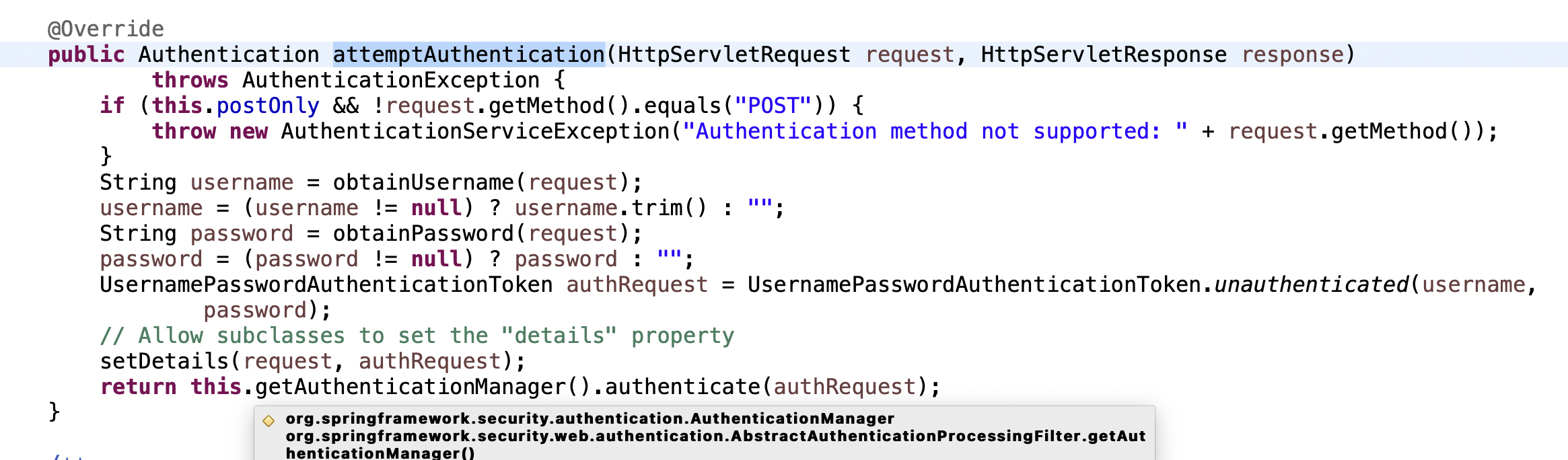 AttemptAuthentication implementation in the UsernamePasswordAuthenticationFilter class